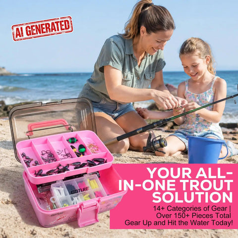 Woman and child on the beach with open pink box showing All In One Trout Fishing Tackle Kit With Pink Box Complete Soft Plastic Baits Swimbaits.