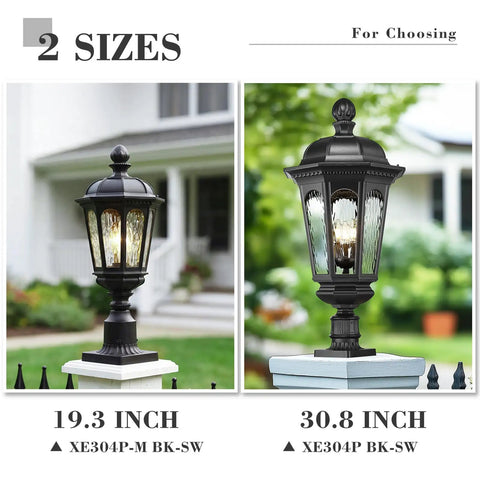 Outdoor Lamp Post Light Fixture 19 Inch Matte Black Pillar Lantern For Garden And Patio with water ripple glass installed on a pillar