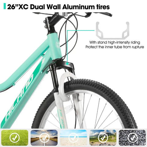 26 Inch Mountain Bike For Women And Men With Step Through Frame, front suspension fork, green detail view