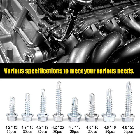 All In One Self Tapping Screw Kit 200 Piece Durable Zinc Iron Screws With Thread Storage Case, shown with various screw sizes