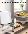 Collapsible Baby Bottle Wash Basin With Built In Drying Rack And Lid Portable 2.4 Gallon Dish Tub folded and open with fruit inside