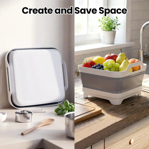 Collapsible Baby Bottle Wash Basin With Built In Drying Rack And Lid Portable 2.4 Gallon Dish Tub folded and open with fruit inside