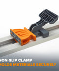Pro Grade 50 Inch Circular Saw Guide Rail With Rock Solid Clamping Mechanism non-slip clamp holding materials securely on aluminum rail.