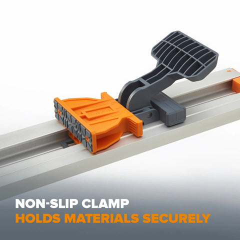 Pro Grade 50 Inch Circular Saw Guide Rail With Rock Solid Clamping Mechanism non-slip clamp holding materials securely on aluminum rail.