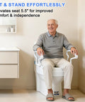 Elongated Raised Toilet Seat Risers Adjustable Height with armrests, elevating seat by 5.5 inches for adults and seniors.