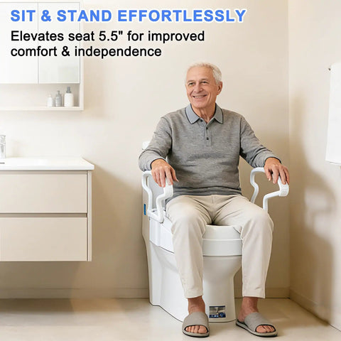 Elongated Raised Toilet Seat Risers Adjustable Height with armrests, elevating seat by 5.5 inches for adults and seniors.