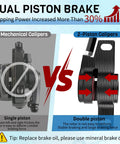 Diagram comparing single piston and double piston calipers in a hydraulic disc brake set for mountain bikes with benefits highlighted.