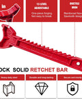 Red ratchet bar for jack stands with serrated teeth and end holes; side view