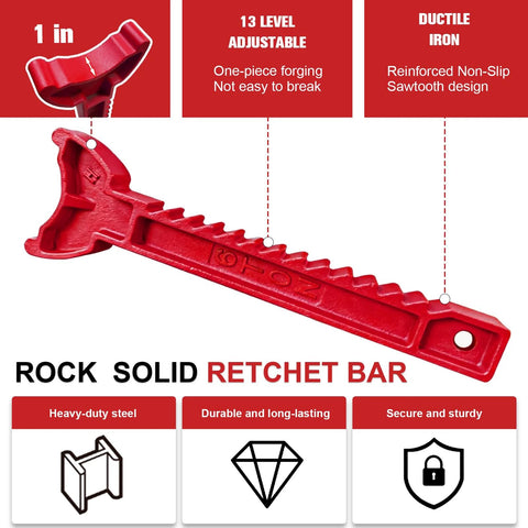 Red ratchet bar for jack stands with serrated teeth and end holes; side view