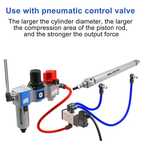 Mini Pneumatic Cylinder 16mm Bore 150mm Stroke Double Acting With Y Connector And Two Pneumatic Quick Fittings MAL16x150 setup