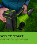 Person inserting battery into 40V Brushless Axial Leaf Blower, 130 MPH Wind and 550 CFM Air, Clears Wet Leaves, Gravel, and Driveway Snow