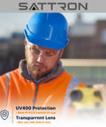 Man wearing blue hard hat and clear safety glasses with UV protection, part of 24 Pack Clear Safety Glasses With UV Protection And ANSI Z87.1 Rating For Men And Women, Scratch And Impact Resistant Eye Protection For Construction, Lab, Sports, Shooting, Comfortable Fit And Budget Friendly.