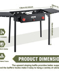 Two Burner Propane Camping Stove With One Touch Auto Ignition showing dimensions and features such as heat-resistant frame.