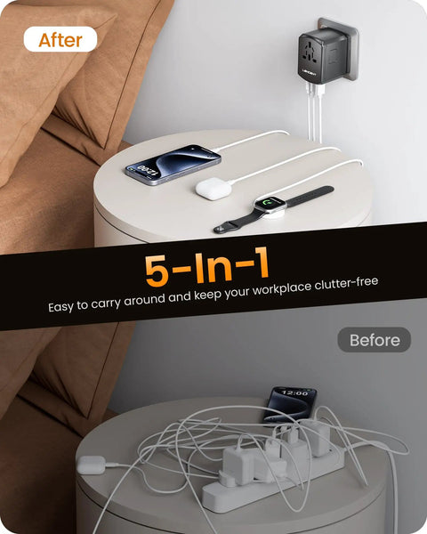 Universal Travel Power Adapter With 2 USB C Ports And 2 USB A Ports Worldwide Wall Charger plugged in wall socket