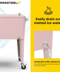 Close-up of stainless steel drain plug on pink 80 Quart Classic Retro Outdoor Patio Cooler On Wheels With Handles Perfect For Parties.