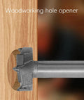 Heavy Duty Carbide Tipped Forstner Drill Bit Set With Hella Sharp Cutting Edges For Clean Smooth Holes In Hard Wood Plywood And Plastic Featuring Beefy Triple Design And Rust Proof Finish 16 Piece Pro Grade Woodworking Kit showing a drilling bit creating a hole in wood.