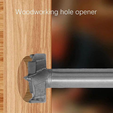 Heavy Duty Carbide Tipped Forstner Drill Bit Set With Hella Sharp Cutting Edges For Clean Smooth Holes In Hard Wood Plywood And Plastic Featuring Beefy Triple Design And Rust Proof Finish 16 Piece Pro Grade Woodworking Kit showing a drilling bit creating a hole in wood.