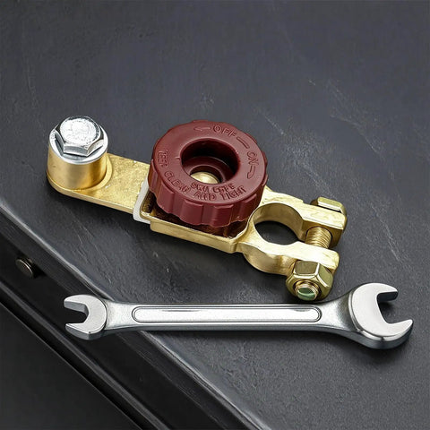 Heavy Duty Top Post Battery Disconnect Switch 12V 125A Quick Automatic Shutdown Knob with wrench, ideal for vehicle use.