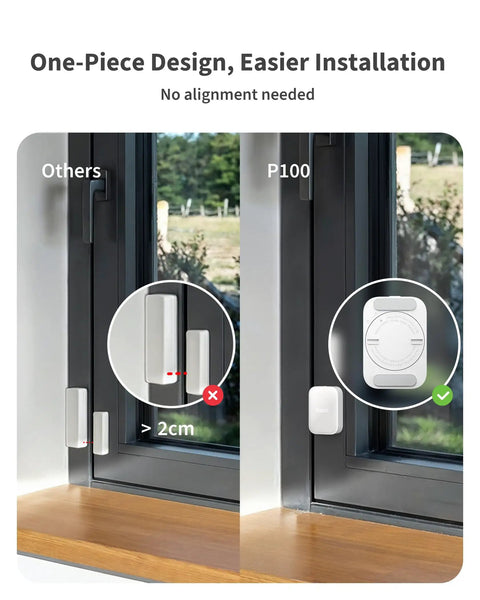 P100 2 In 1 Door And Window And Vibration Sensor With Thread Zigbee And Matter Compatibility For Apple Home Assistant Google Home Alexa SmartThings White on window frame