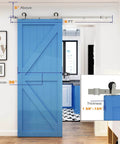 6 Ft Beefy Brushed Nickel Sliding Barn Door Hardware Kit With Quiet Hanger Rollers And Flat Track, installed view on blue door