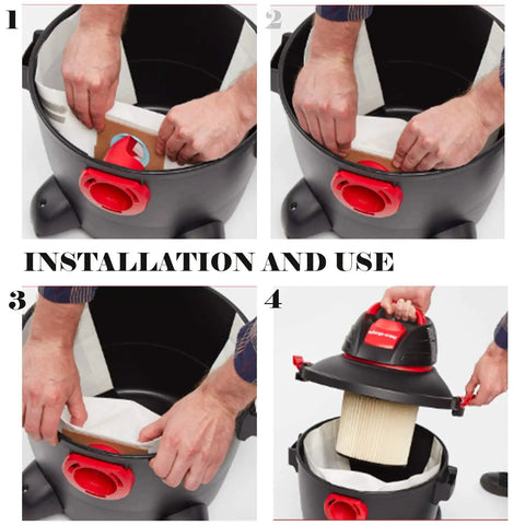 Installation steps for 5 Pack Replacement Filter Bags For 5 To 8 Gallon Vacuums Type E White Works With 90661 9066100 fitting into vacuum