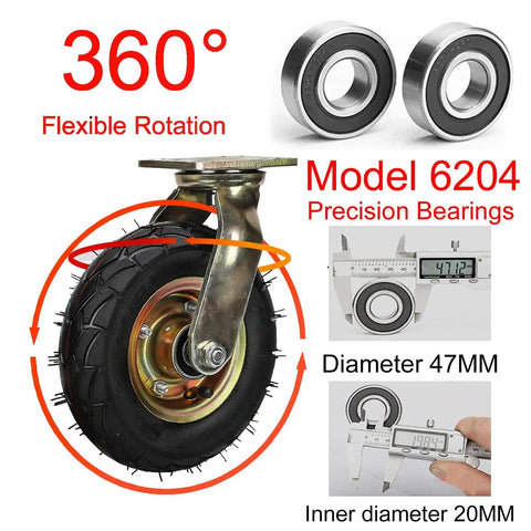 Heavy Duty Swivel Caster Wheels Set Of Four With Side Brakes And Shock Absorbing Pneumatic Rubber Tires For Smooth Cart Rolls supporting 1300 lbs capacity with 360° rotation and precision bearings.