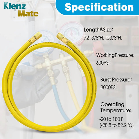 72 Inch 3/8 Inch HVAC Vacuum Hose Pro Grade With Standard 3/8 X 3/8 Flare Fittings Low Resistance High Flow For Fast Evacuation And Recovery 20 Micron Vacuum Yellow Color Coded For Vacuum And Charge in packaging