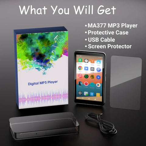 Kids MP3 Player With Bluetooth And WiFi Android 9.0 144GB Four Inch Touch Screen Portable Media Player packaging and accessories