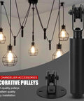 Vintage Style Hanging Light Pulley Kit For Pendant Lamps Old School Cast Iron Wire Pulley Bearing Rod Set Wall Or Ceiling Mount Pulleys For Replacement And Lifting Of Hanging Lamps. Image showing industrial-style pulleys and pendant lights.