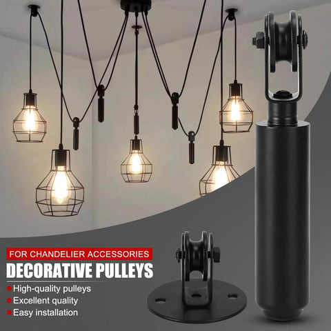 Vintage Style Hanging Light Pulley Kit For Pendant Lamps Old School Cast Iron Wire Pulley Bearing Rod Set Wall Or Ceiling Mount Pulleys For Replacement And Lifting Of Hanging Lamps. Image showing industrial-style pulleys and pendant lights.