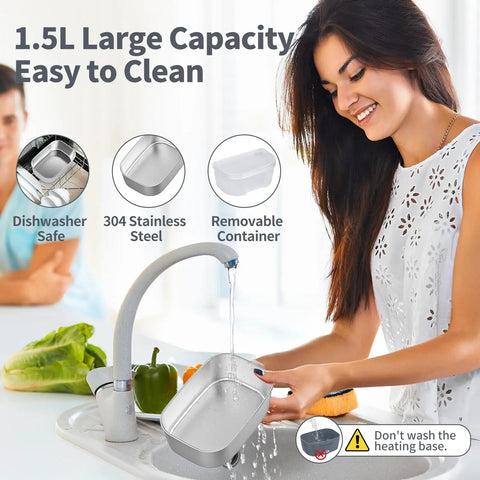 Woman cleaning 1.5L stainless steel container of Electric Lunch Box For Adults, Fast 80W Heats Up Meals, Portable Food Warmer