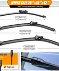 VW Taos Wiper Blade Set 26 Inch Front Left 18 Inch Front Right 12 Inch Rear All Season Replacement OEM shown with size labels