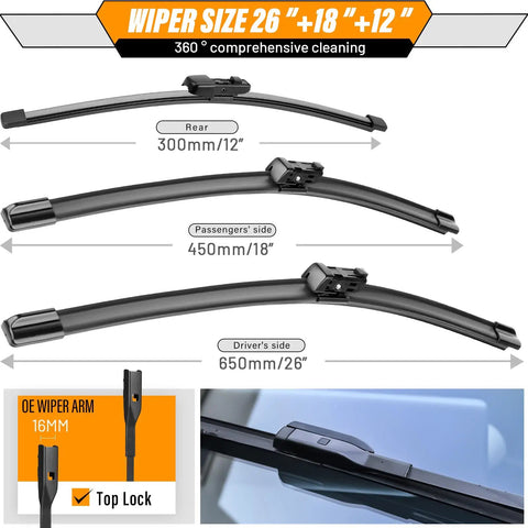 VW Taos Wiper Blade Set 26 Inch Front Left 18 Inch Front Right 12 Inch Rear All Season Replacement OEM shown with size labels