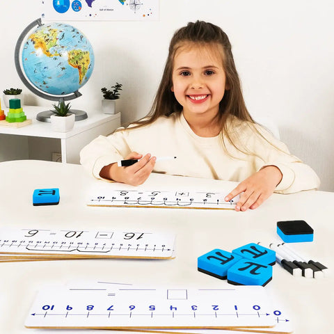 Child using 12 Pack Double-Sided Dry Erase Number Line Whiteboards Set 4x12 Inches for students classroom math manipulatives learning tool.