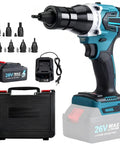 HNBYLMM Cordless Electric Rivet Gun Set With Heavy Duty Automatic Riveting Tool, M3 To M12 Nuts, Portable Power Tool showing kit with battery and charger.