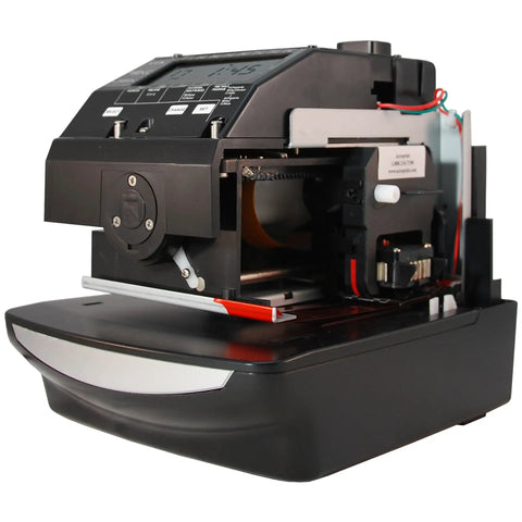 Bulletproof Electronic Time And Date Stamp Machine With No Fuss Numbering For Small Business Crews Syncs To Atomic Clock side view showing sturdy design and internal mechanism.