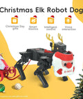 Christmas Elk Robot Dog, black bionic quadruped with Santa antlers, gift sled, and holiday decor for STEM play