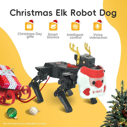 Christmas Elk Robot Dog, black bionic quadruped with Santa antlers, gift sled, and holiday decor for STEM play