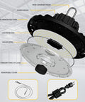 Exploded view of UFO LED High Bay Light 200W 30000 Lumens 5000K Daylight IP65 with power cable and carabiner hook