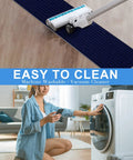 Vacuum cleaning Non Slip Stair Treads 8x30 Inches 15 Pack Navy Blue with Reusable Adhesive, woman using washing machine.