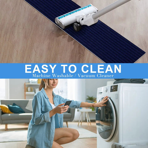 Vacuum cleaning Non Slip Stair Treads 8x30 Inches 15 Pack Navy Blue with Reusable Adhesive, woman using washing machine.