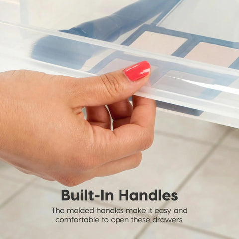 Person opening Under Bed Storage Drawer Set 22 Qt Stackable Plastic Organizer Bins With Smooth Glide Sliding Drawers 4 Pack