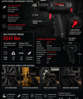 No Nonsense 1/2 Inch Air Impact Wrench Featuring Killer Torque Specs And Rock Solid Magnesium Alloy Composite Housing For Legit Garage Grinds And Daily Heavy Duty Drives Delivering Up To 1600 Ft Lbs Of Raw Pull For Real Pro Shop Work displayed with specifications and applications.