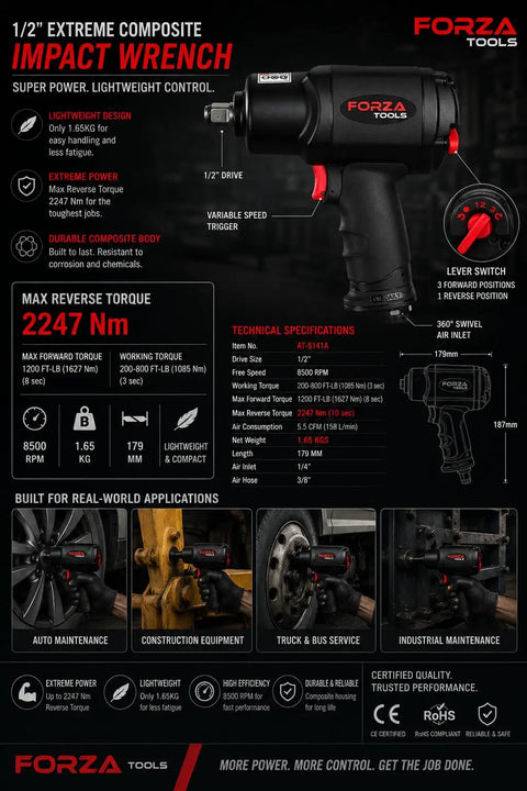 No Nonsense 1/2 Inch Air Impact Wrench Featuring Killer Torque Specs And Rock Solid Magnesium Alloy Composite Housing For Legit Garage Grinds And Daily Heavy Duty Drives Delivering Up To 1600 Ft Lbs Of Raw Pull For Real Pro Shop Work displayed with specifications and applications.
