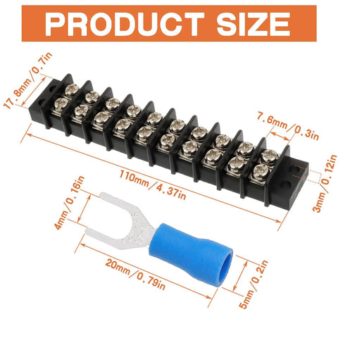 Three Pack 10 Circuit Dual Row Screw Terminal Strip Kit With 60 Heat Shrink Wire Fork Connectors, Great Value Flame Retardant PC Engineering Materials For DIY Electronics, Easy Wire Management And Reliable Connections., 110mm strip and 20mm fork connector