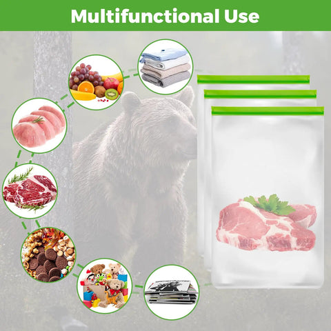 3 Pack Odor Proof Bear Bags For Food Storage, 12x20 Inch Reusable Double Track Zip Closure with meat and bear illustration