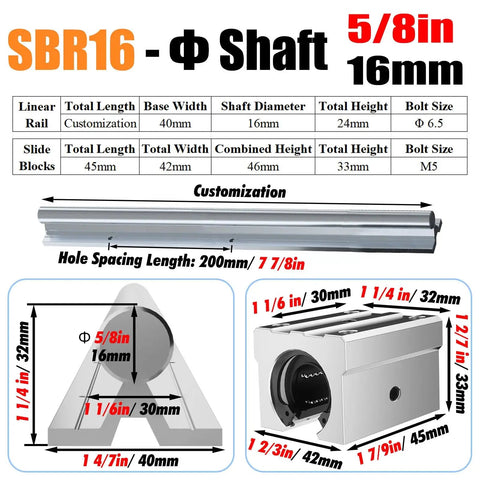 Beefy Linear Rail Slide Guide For Woodworking With 2200lbs Load Capacity, Heavy Duty Square Bearing Block For Cutting Machines And Mills, Precision Motion Control System, Rust-Resistant Chrome Plated Carbon Steel, SBR16 16mm shaft