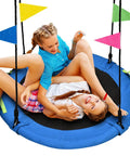 Children playing on 48 Inch Saucer Swing For Backyard Fun The Whole Family Can Ride Together 900 Lbs Capacity With Adjustable Hanging Straps Blue Outdoor Playground Swing For Kids And Adults.