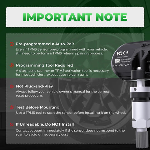 TPMS Sensor For Ford And Lincoln Vehicles Pre Programmed Tire Pressure Sensor Upgrade Fits 90 Percent Of Ford Vehicles After 2006 Including F150 F250 F350 Bronco Mustang Escape Expedition Explorer Fiesta Focus Fusion Ranger And Lincoln MKC MKT MKZ important note graphic