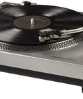 Crosley C100A Silver Belt Drive Turntable With Aluminum Tonearm Pitch Control For 33 And 45 Rpm Vinyl Records, sleek design with vinyl visible.